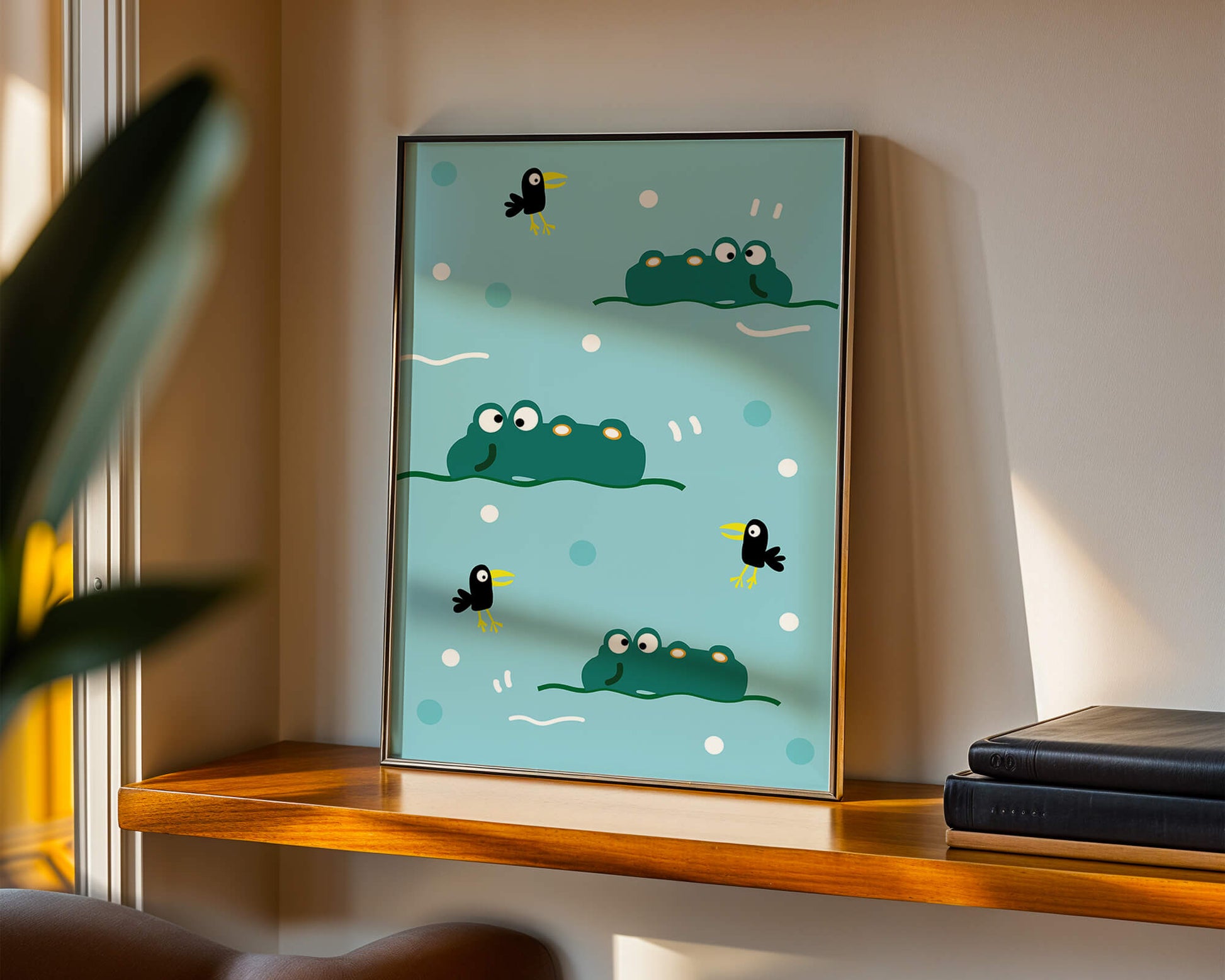 Playful cartoon crocodiles and birds on blue patterned background