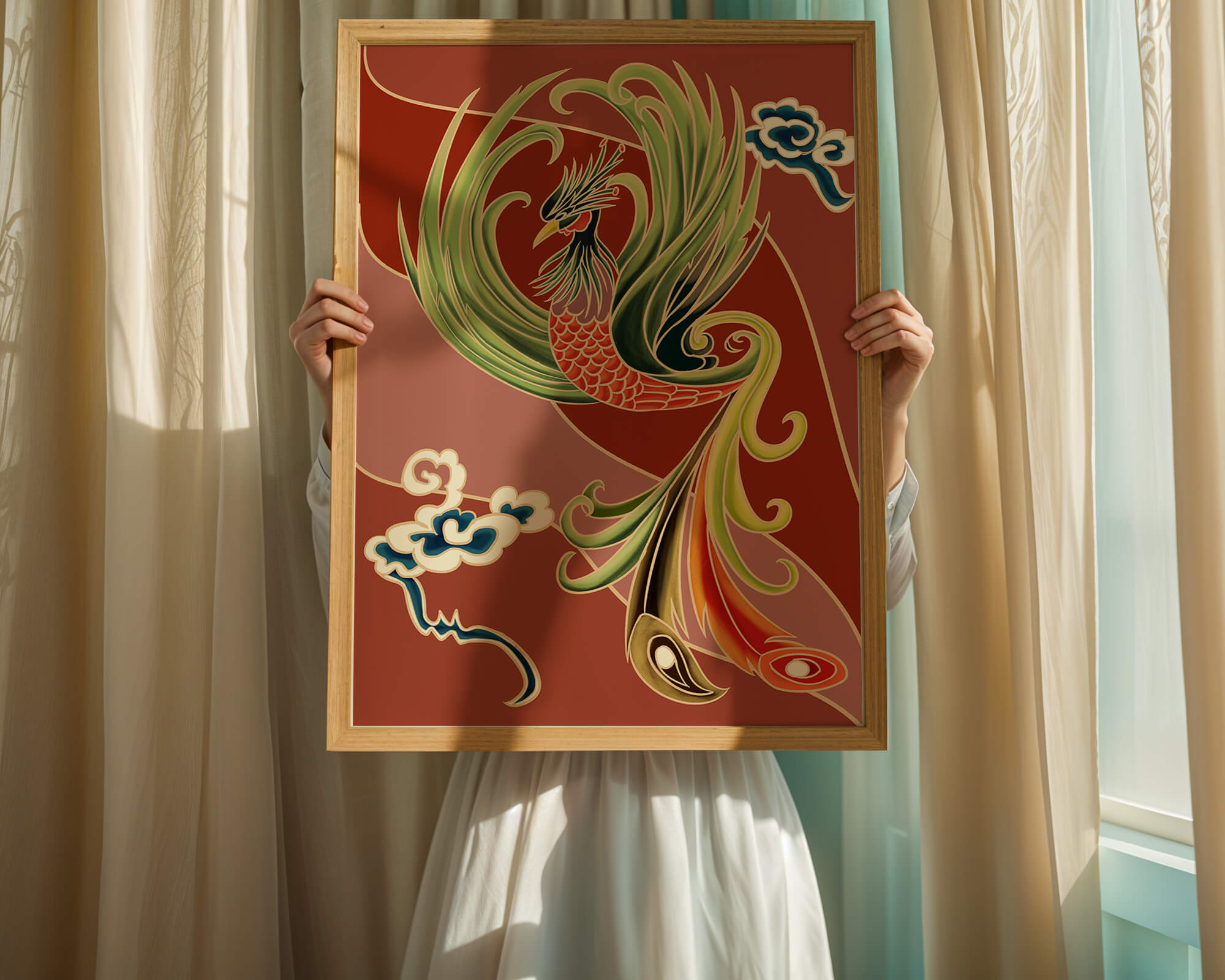 Stylized phoenix illustration with vibrant colors and clouds