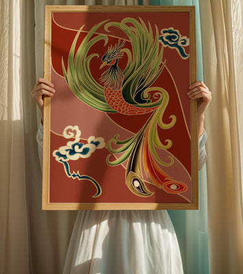 Stylized phoenix illustration with vibrant colors and clouds