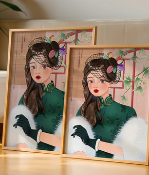 Elegant woman in vintage attire with netted hat and floral elements