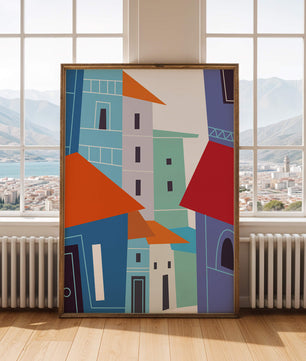 Paisaje urbano abstracto colorido con edificios geométricos