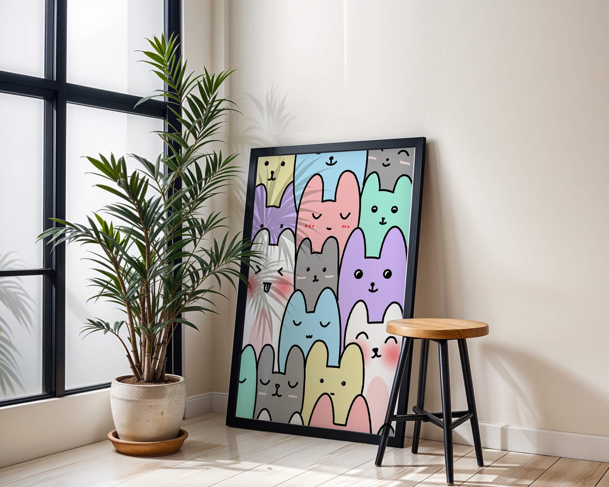 Colorful cartoon animal pattern with smiling faces