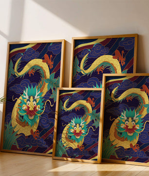 Illustration de dragon coloré avec des nuages ​​et des éléments de feuillage