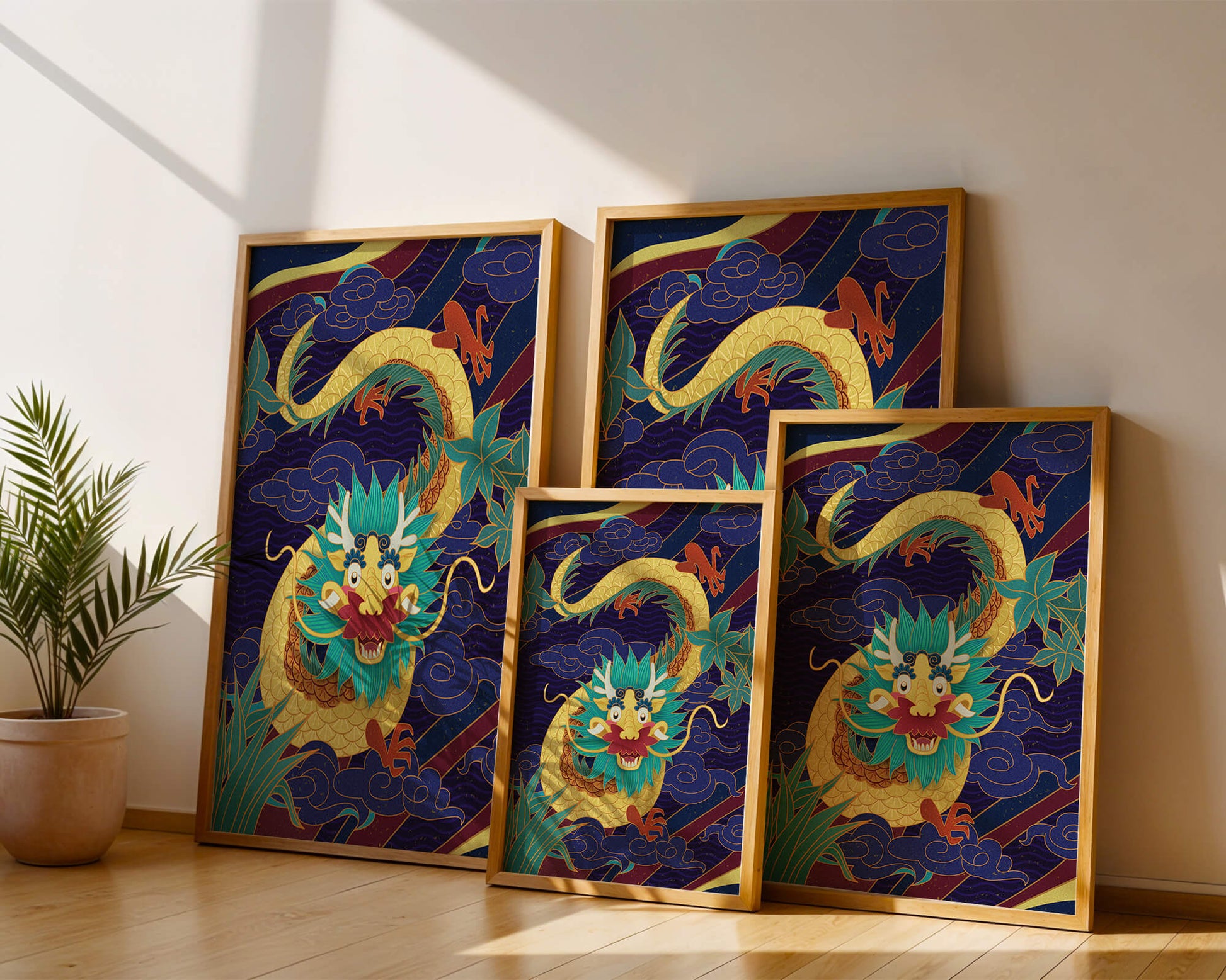 Illustration de dragon coloré avec des nuages ​​et des éléments de feuillage