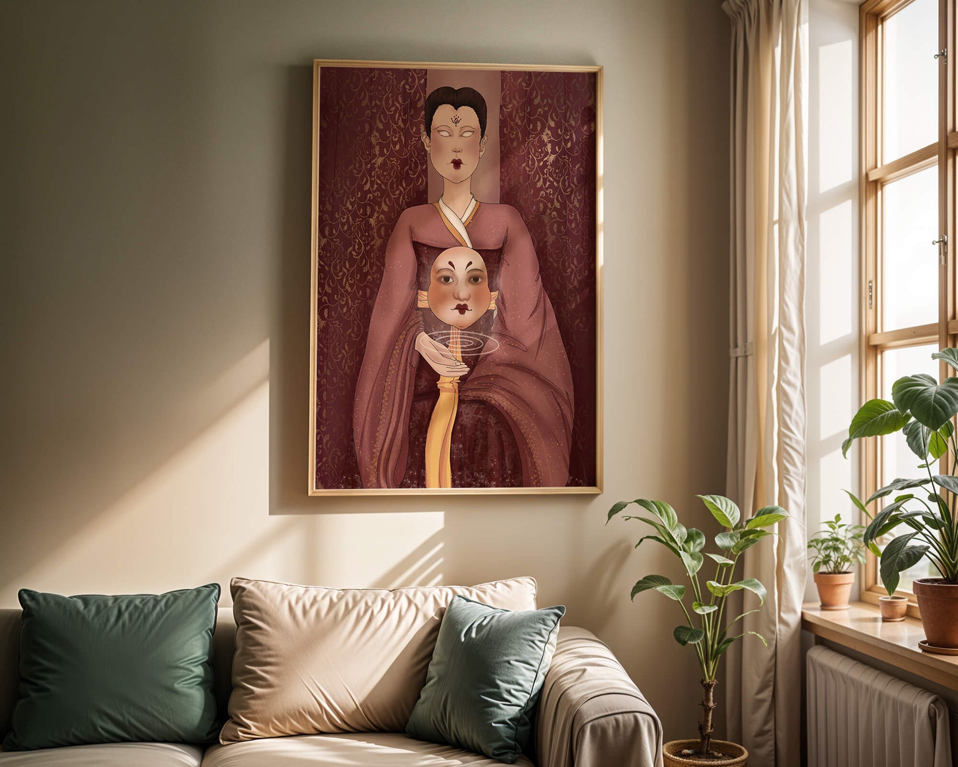 Ilustración de una figura mística con máscara y fondo ornamentado
