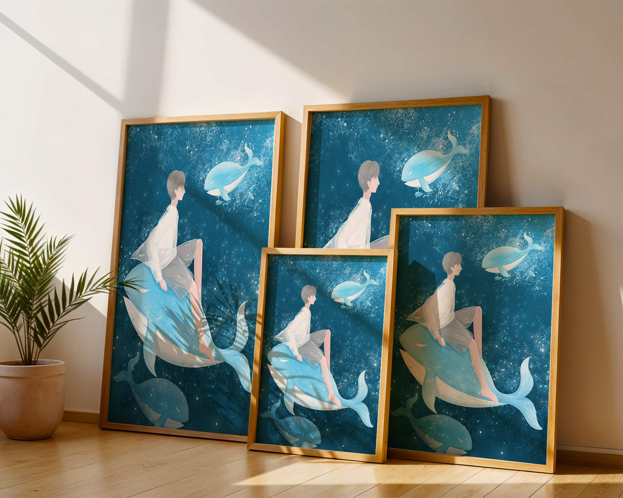 Fantasy illustration of person on blue whale in underwater scene