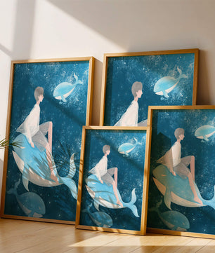 Illustration fantastique d'une personne sur une baleine bleue dans une scène sous-marine