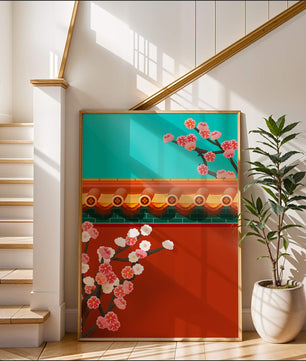 Arquitectura asiática tradicional con cerezos en flor
