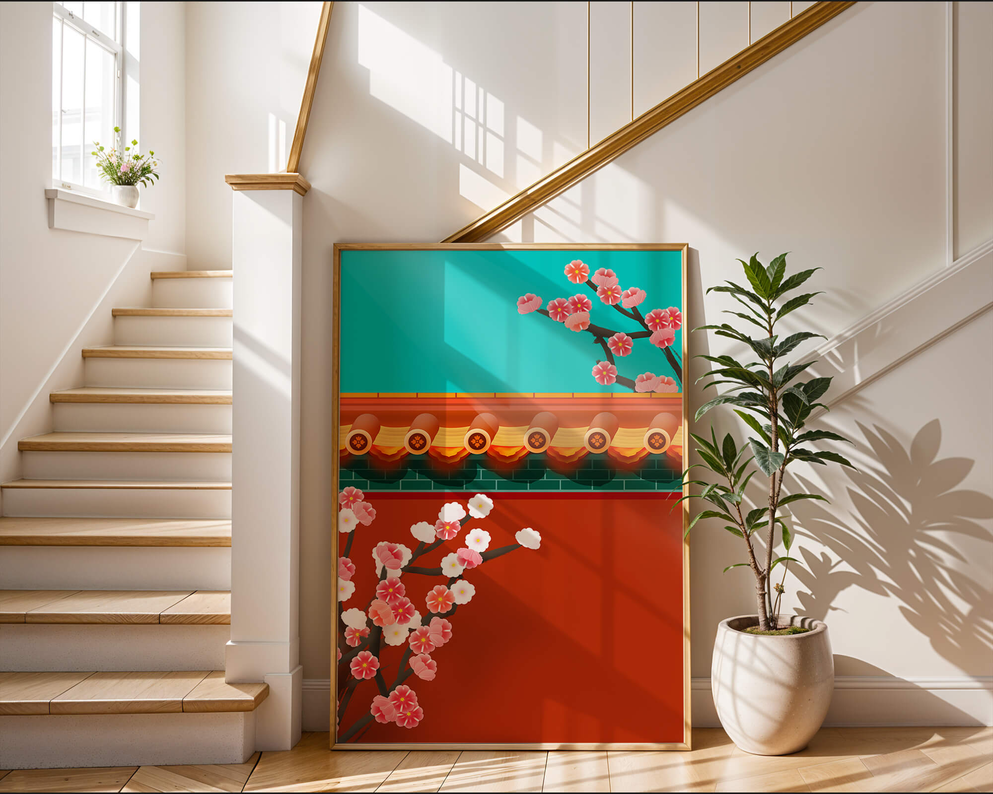 Traditional Asian architecture with cherry blossoms