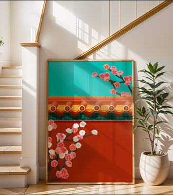 Traditional Asian architecture with cherry blossoms