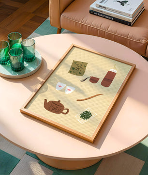 Illustración de un juego de té tradicional con hojas de té y accesorios