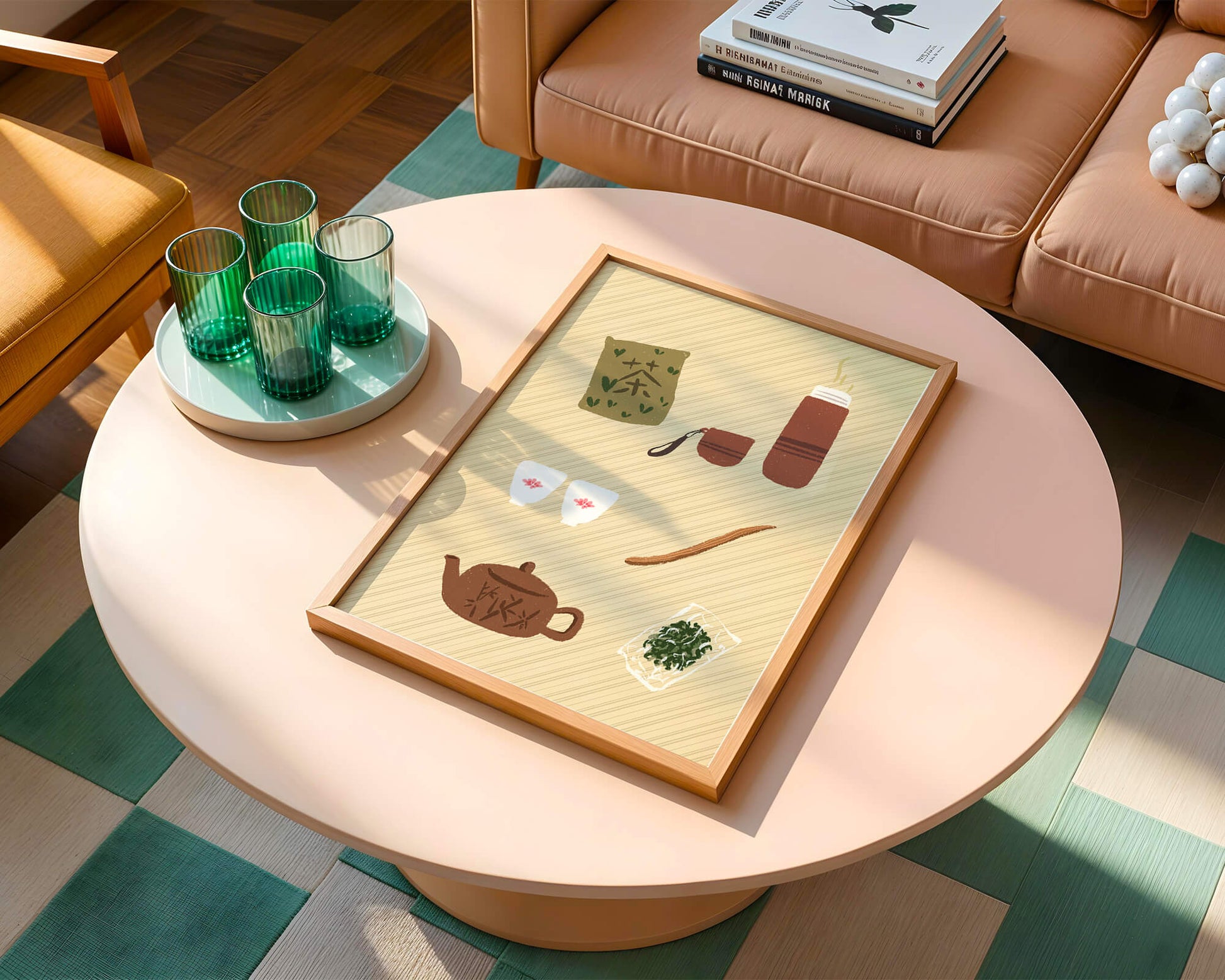 Illustración de un juego de té tradicional con hojas de té y accesorios