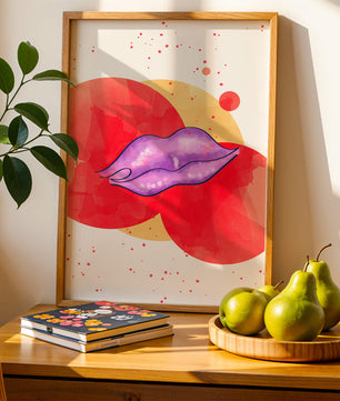 Vibrant Abstract Artwork Featuring Purple Lips on Watercolor Background
