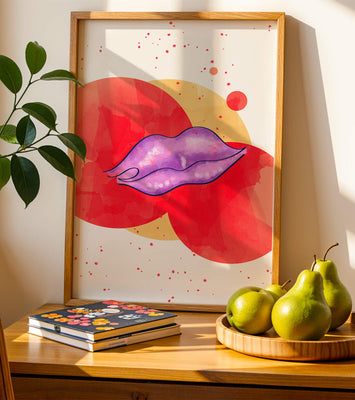 Vibrant Abstract Artwork Featuring Purple Lips on Watercolor Background