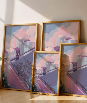 Urban Pastel Scene with Buildings and Pink Clouds