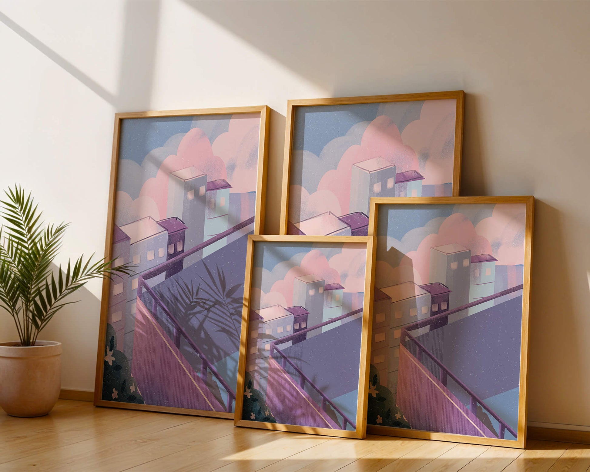 Urban Pastel Scene with Buildings and Pink Clouds