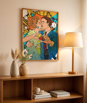 Ilustración de estilo pop art romántico de una pareja besándose con elementos cómicos