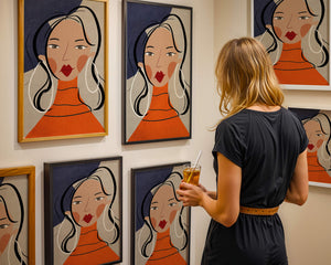 Colorful abstract portrait featuring a woman with red lips and hoop earrings on textured background - Mi tienda