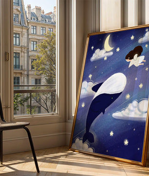 Whimsical night scene with flying angel and whale