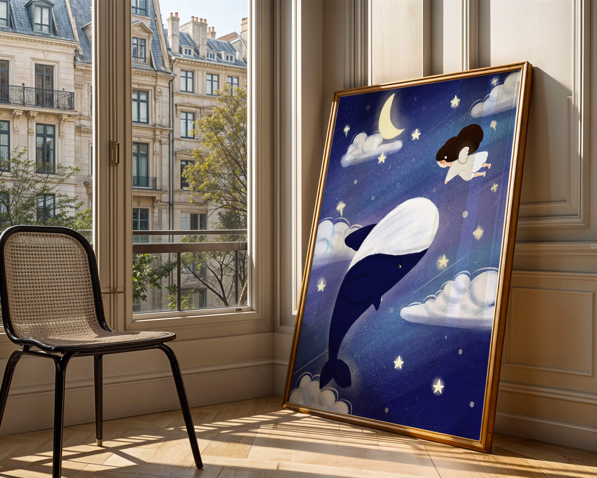 Whimsical night scene with flying angel and whale