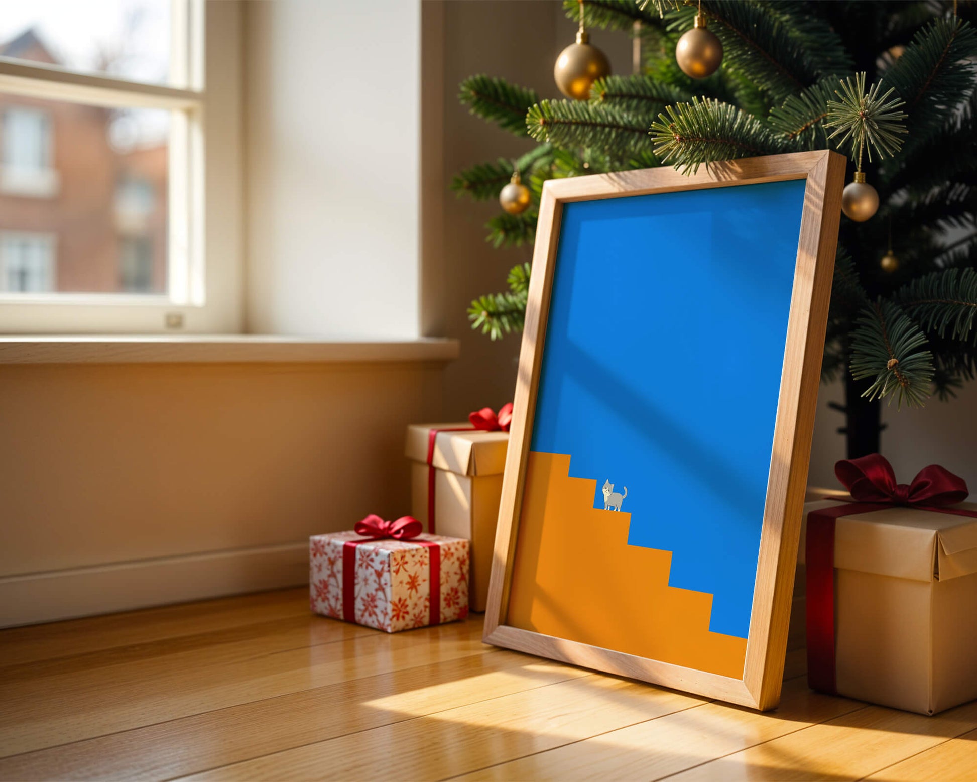 Minimalistic cat on stairs with blue background