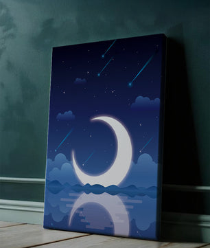 Serene night sky with crescent moon reflecting on water