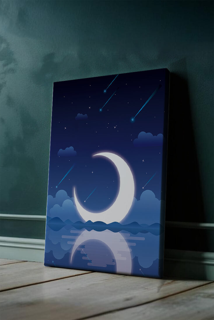 Serene night sky with crescent moon reflecting on water