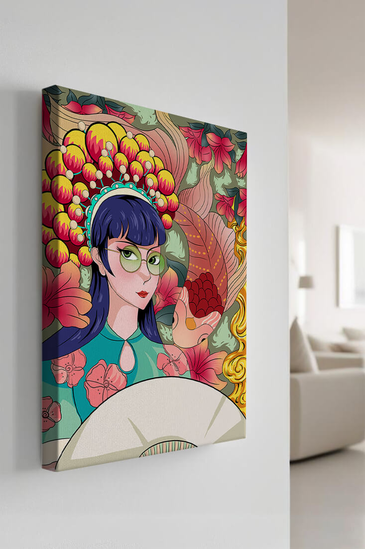 Colorful illustration of a woman with floral headdress and fish background