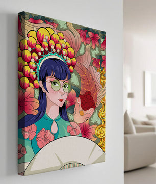 Illustration colorée d’une femme avec une coiffe florale et un fond de poissons