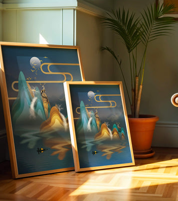 Abstract landscape with golden deer and layered mountains in serene night scene