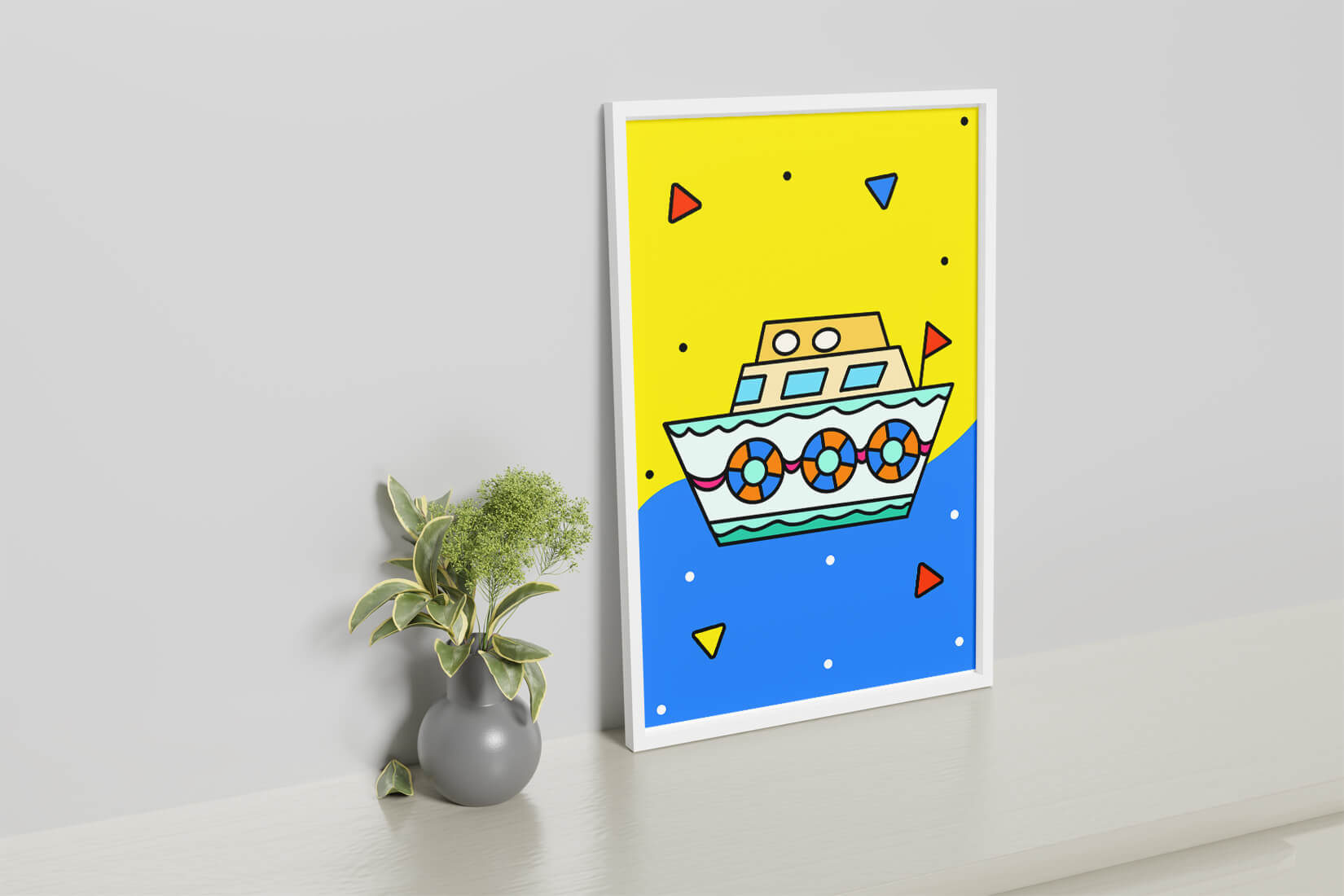 Colorful boat illustration with cartoon elements