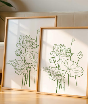 Botanische Illustration einer Lotusblume mit grüner Strichzeichnung auf weißem Hintergrund