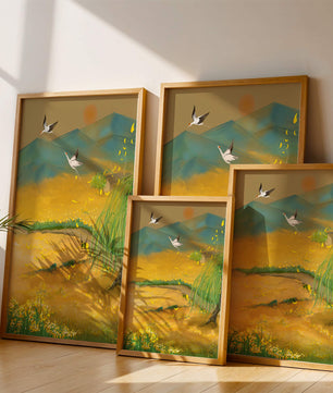 Ruhige Landschaft mit fliegenden Kranichen und goldenen Blüten