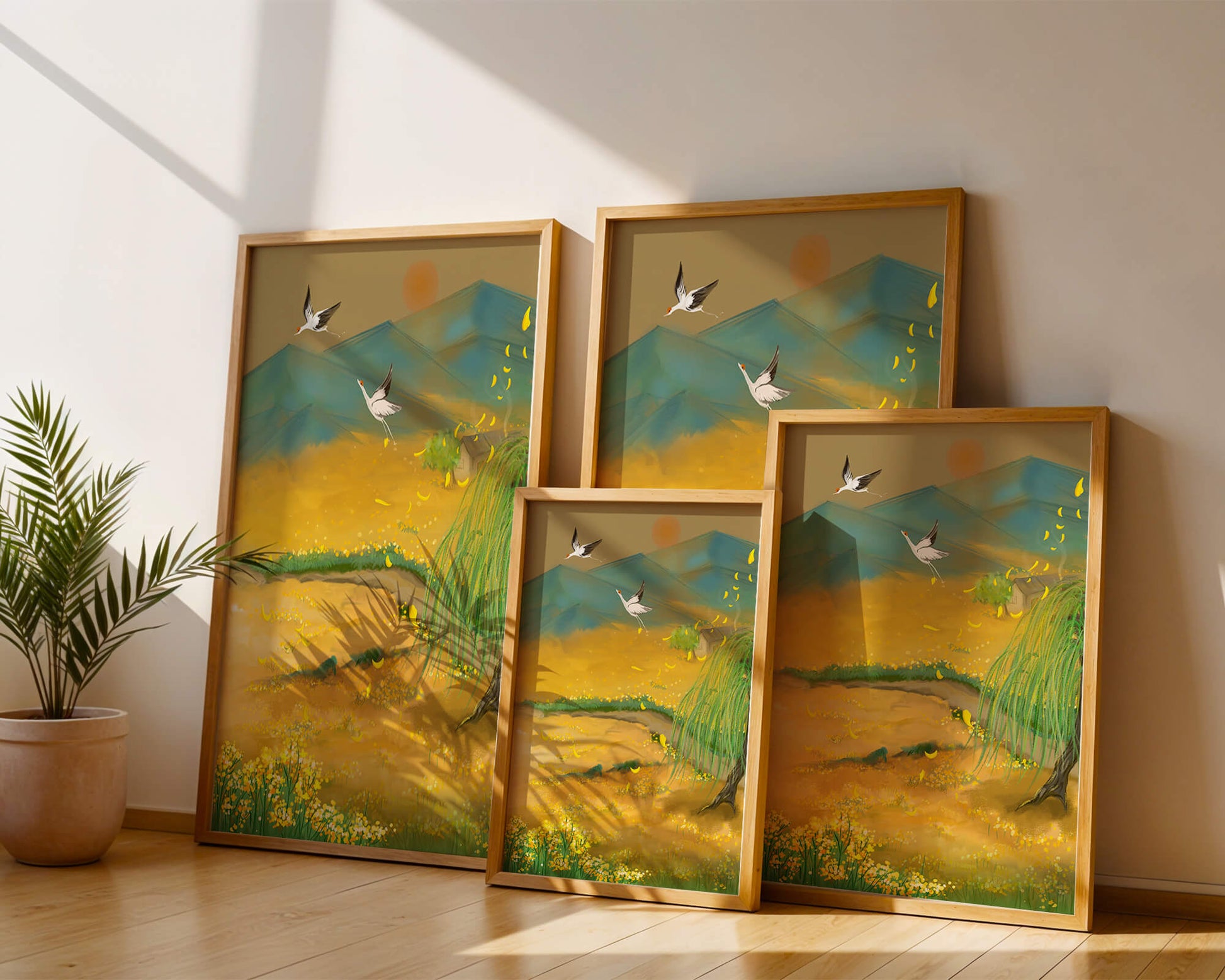 Ruhige Landschaft mit fliegenden Kranichen und goldenen Blüten