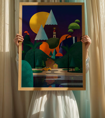 Colorful Modern Landscape with Geometric Elements and A House by The Lake Under The Night Sky