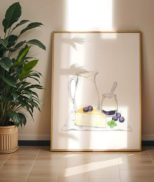 Illustration of dairy products with blueberries on polka dot cloth
