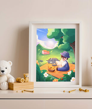 Peaceful outdoor picnic with child reading and cat napping under tree in sunny countryside