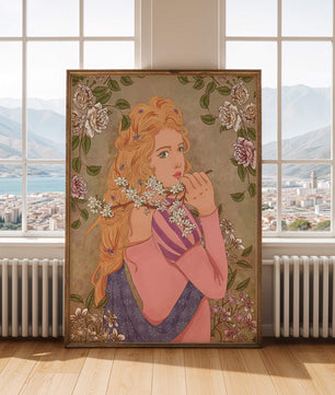 Ilustración floral romántica de una mujer con cabello largo y flores en flor