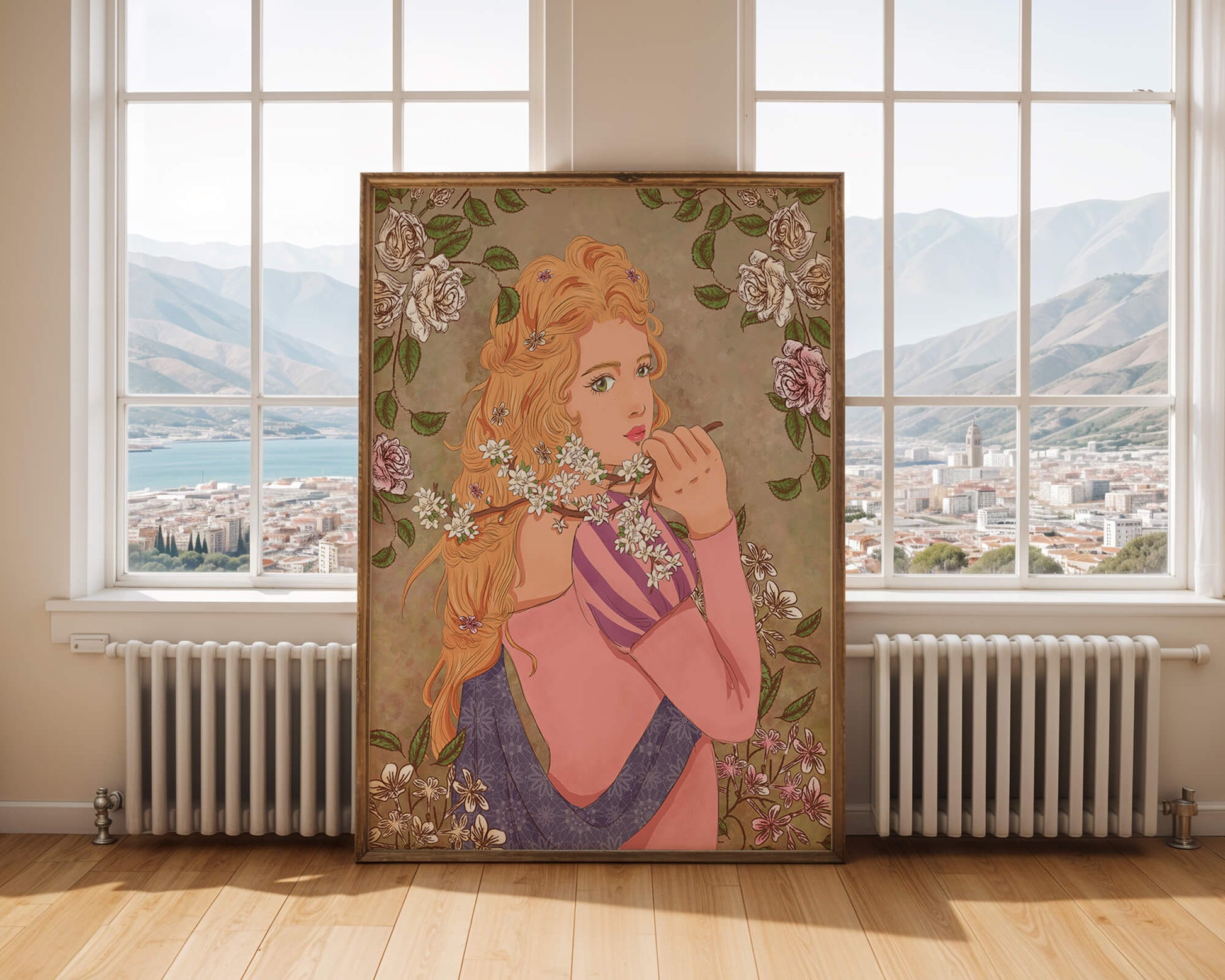 Ilustración floral romántica de una mujer con cabello largo y flores florecientes