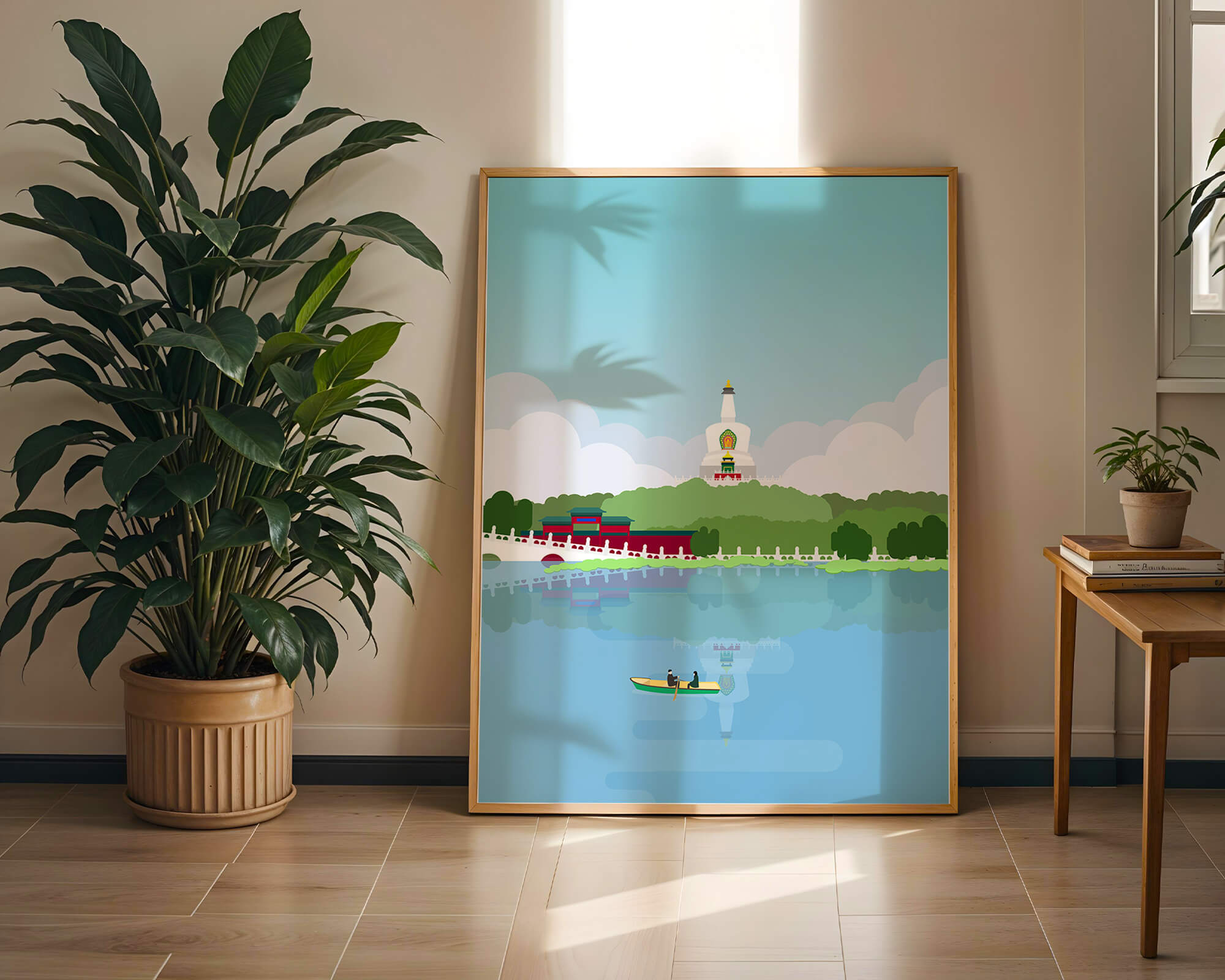 Serene lake scene with pagoda and rowing boat