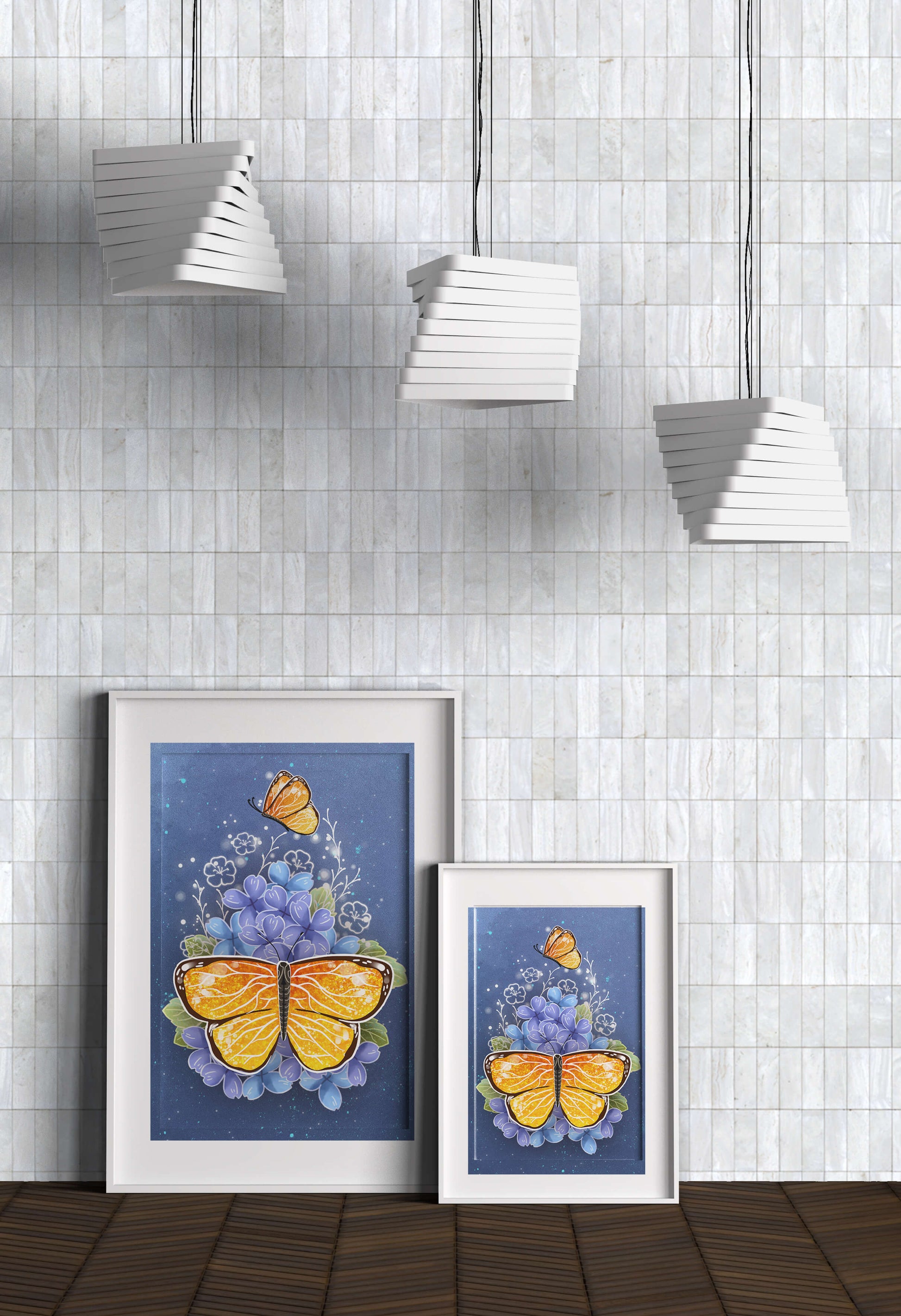 Colorida ilustración de mariposa y flores azules