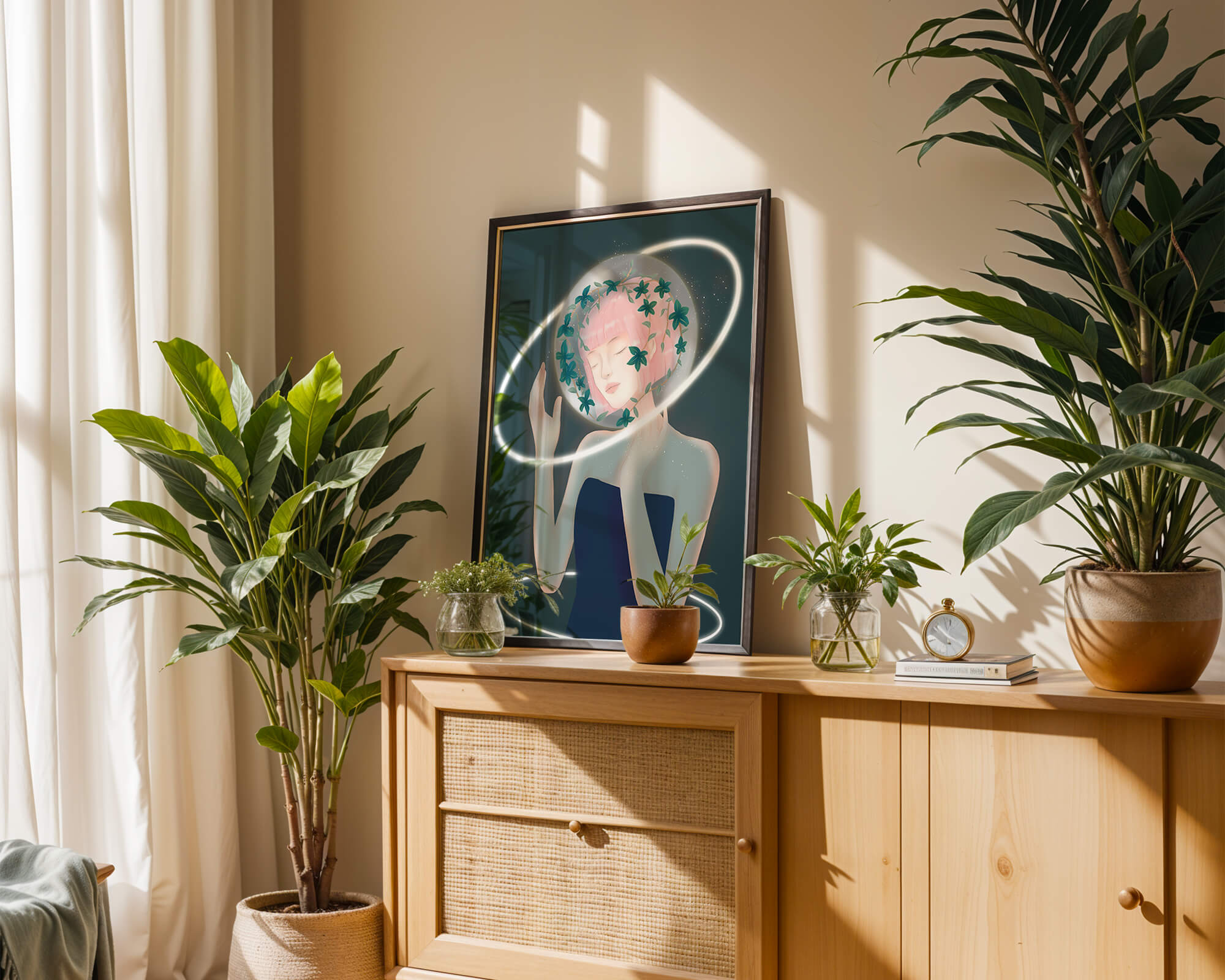 Dreamlike fantasy portrait with ethereal pink-haired figure