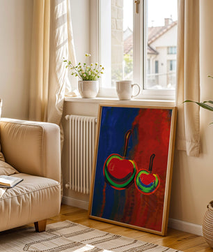 Pintura abstracta de cerezas con colores vibrantes