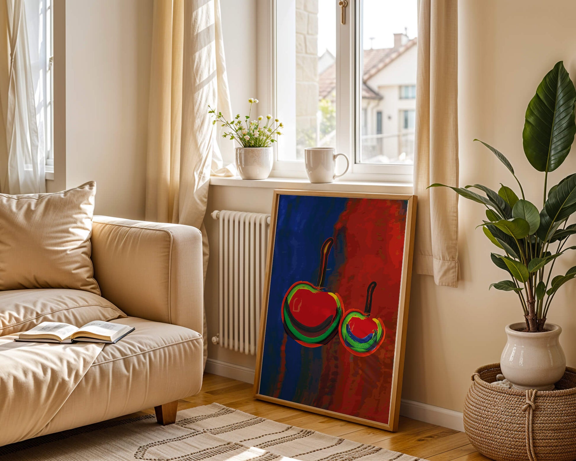 Pintura abstracta de cerezas con colores vibrantes.