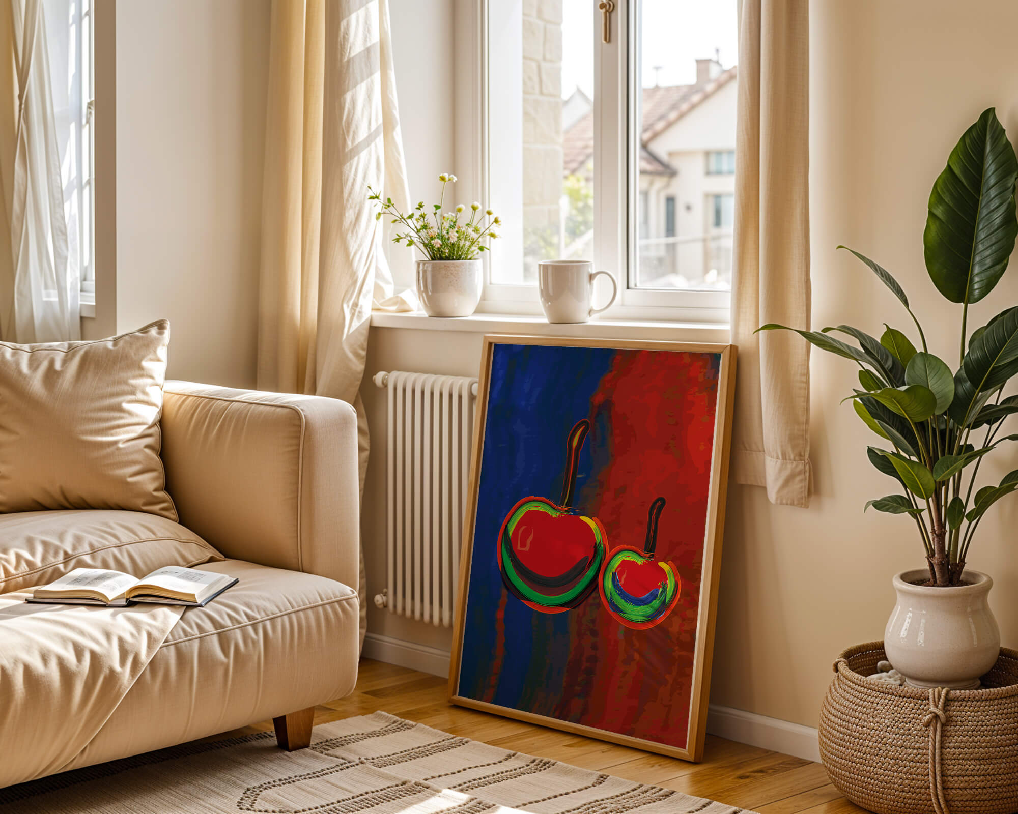 Abstraktes Gemälde von Kirschen mit leuchtenden Farben