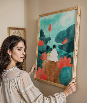 Serene scene with a person and cat among large leaves and flowers