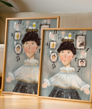 Retrato ilustrado caprichoso con elementos musicales y dorados