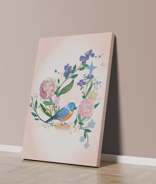 Delightful illustration of a bird amidst colorful flowers on a soft pink background