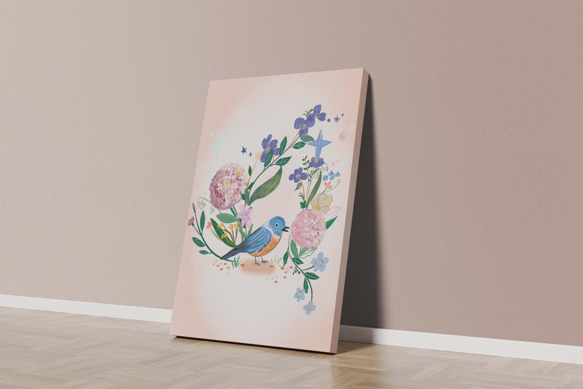 Delightful illustration of a bird amidst colorful flowers on a soft pink background