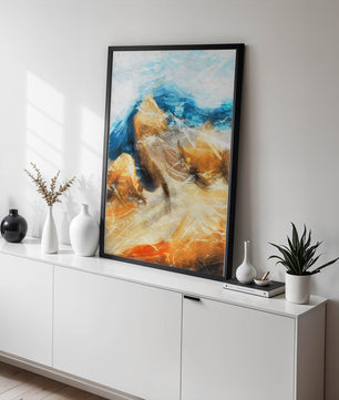 Paisaje abstracto con tonos azules y dorados